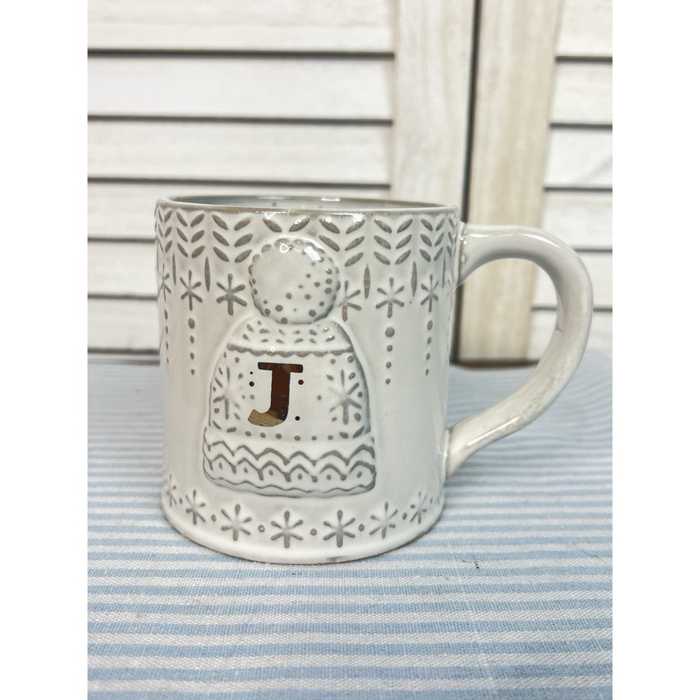 Anthropologie "J" Letter Coffee Cup Mug Snowcap Monogram Christmas Gift Holiday